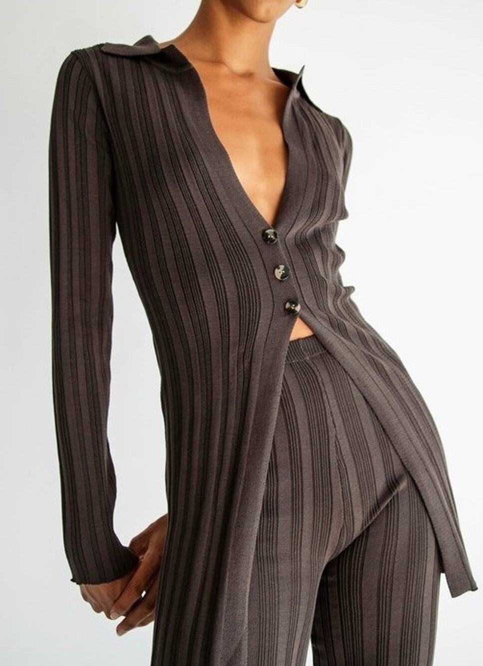 The Line By K Chocolate Brown V-Neck Stretch Ribbed Nidia Cardigan Small